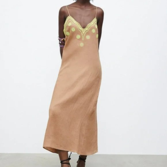 NWT Zara Embroidered Linen Slip Midi Dress size S - Picture 2 of 13